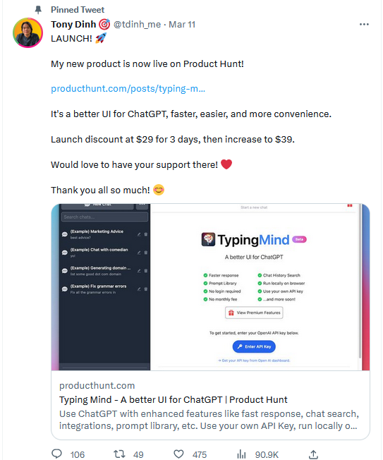 TypingMind on product hunt
